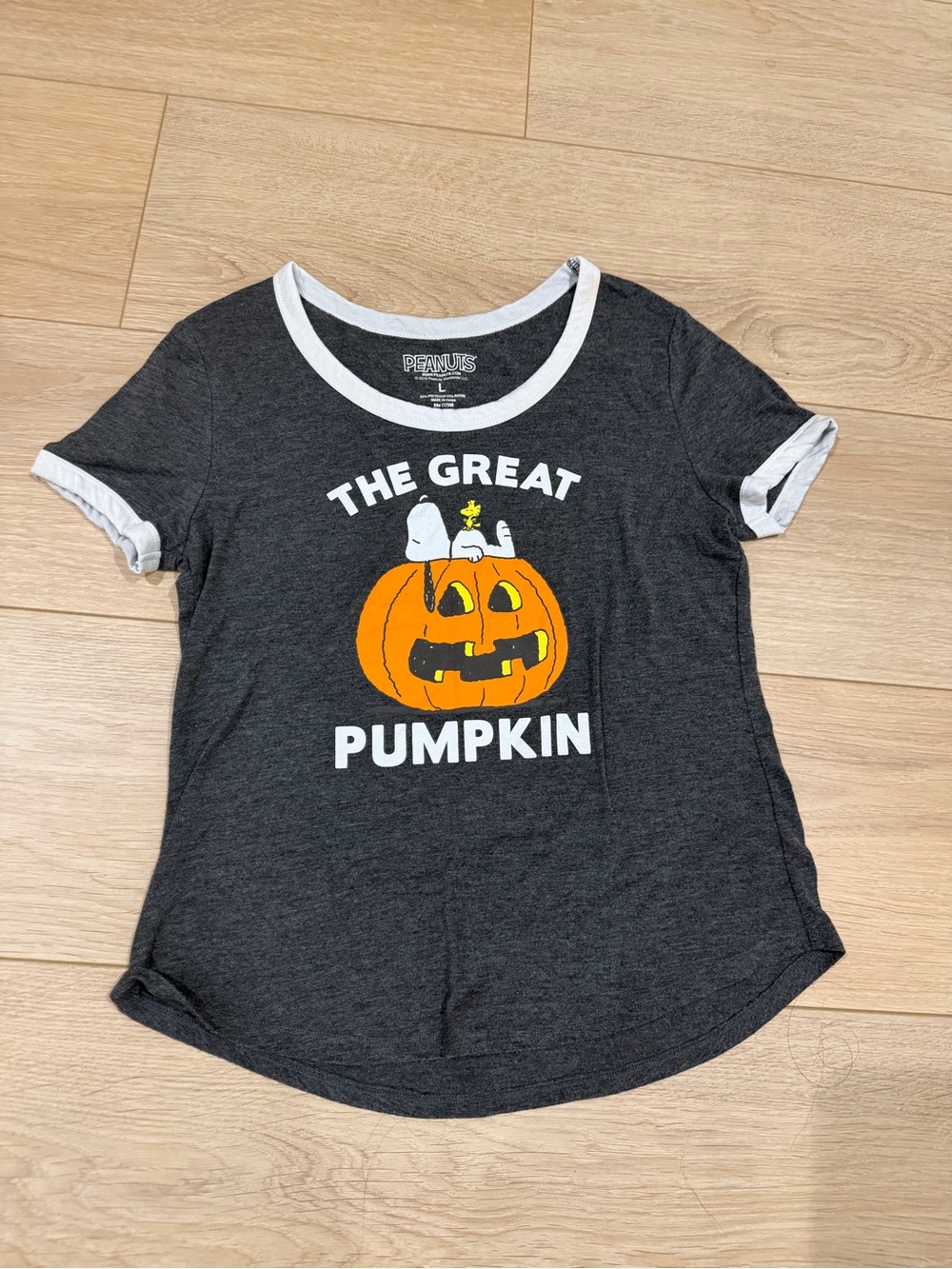 Peanuts Charcoal Ringer Tee with Orange Pumpkin Graphic